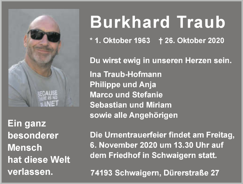  Traueranzeige für Burkhard Traub vom 31.10.2020 aus GESAMT