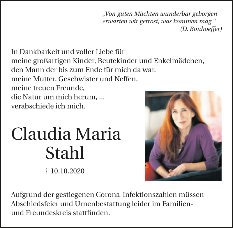  Traueranzeige für Claudia Stahl vom 17.10.2020 aus GESAMT