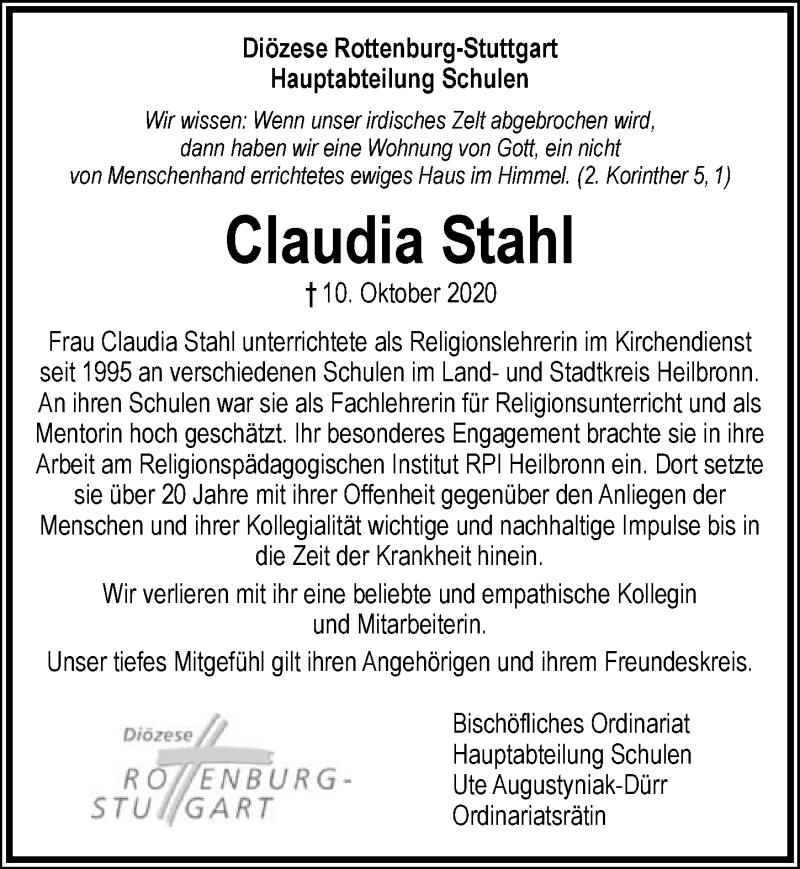  Traueranzeige für Claudia Stahl vom 22.10.2020 aus GESAMT