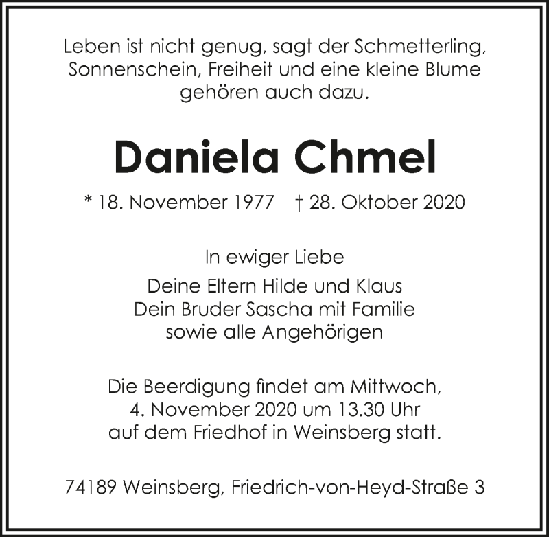  Traueranzeige für Daniela Chmel vom 31.10.2020 aus GESAMT