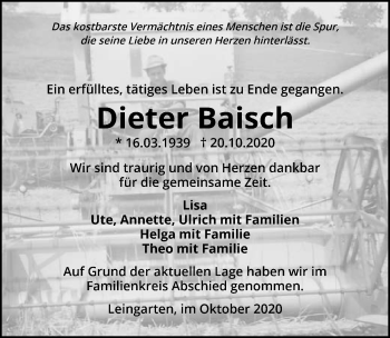 Traueranzeige von Dieter Baisch von GESAMT