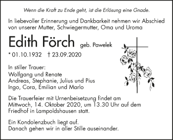 Traueranzeige von Edith Förch von GESAMT