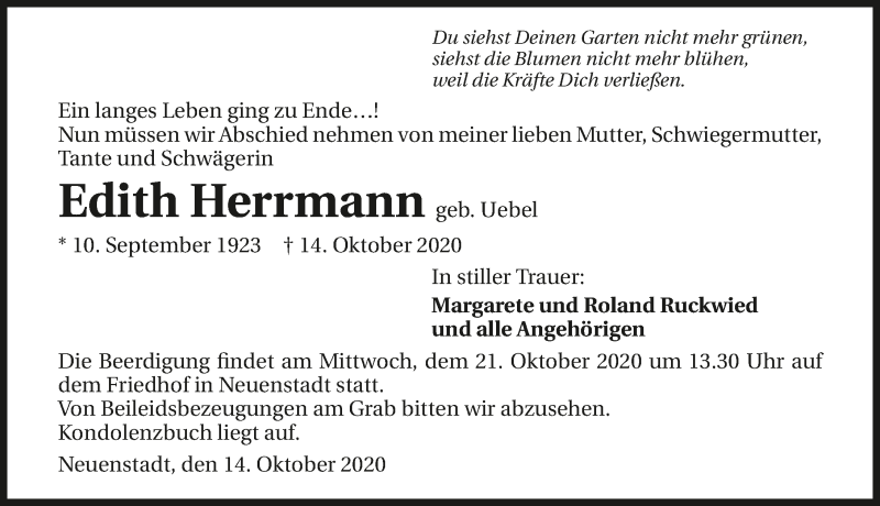  Traueranzeige für Edith Herrmann vom 19.10.2020 aus GESAMT