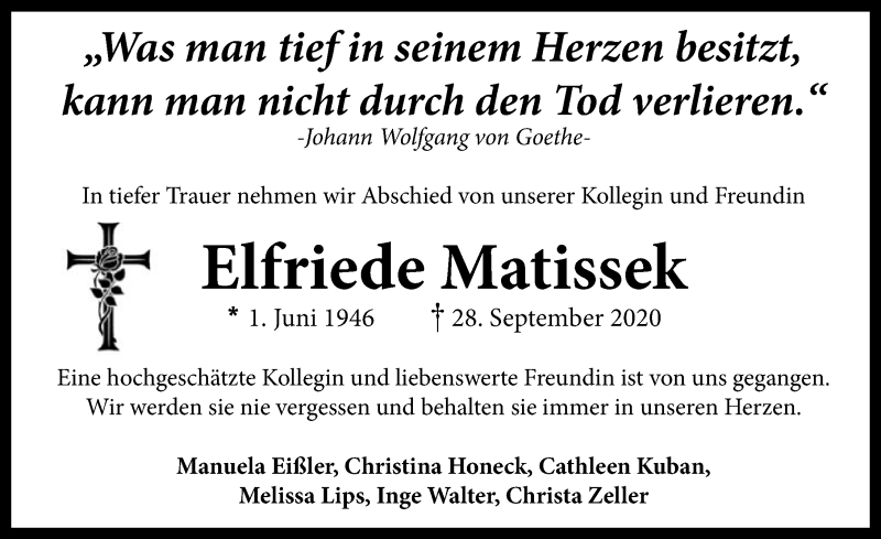  Traueranzeige für Elfriede Matissek vom 05.10.2020 aus GESAMT