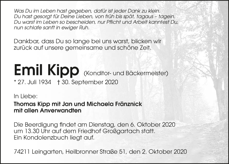  Traueranzeige für Emil Kipp vom 02.10.2020 aus GESAMT