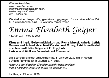 Traueranzeige von Emma Elisabeth Geiger von GESAMT