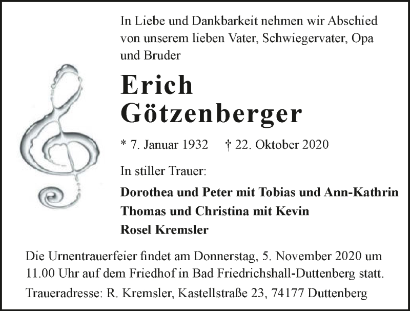  Traueranzeige für Erich Götzenberger vom 31.10.2020 aus GESAMT