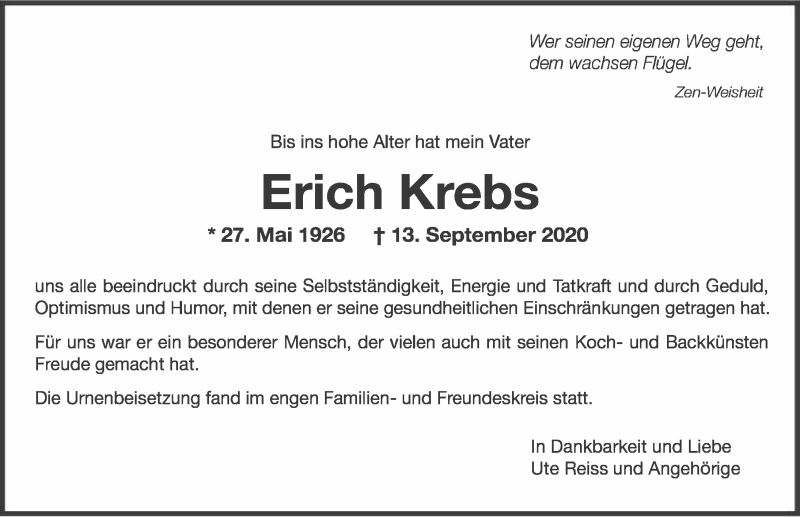  Traueranzeige für Erich Krebs vom 02.10.2020 aus GESAMT