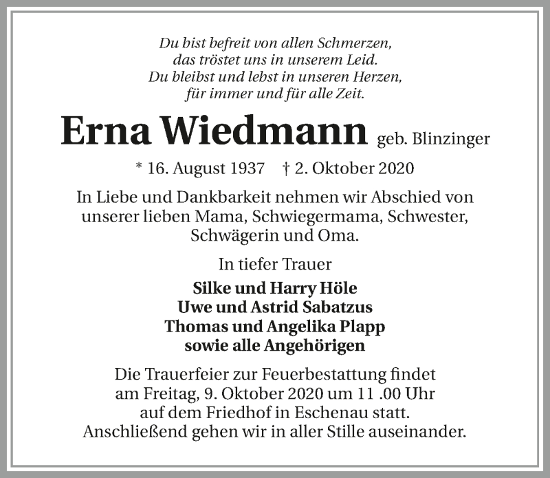  Traueranzeige für Erna Wiedmann vom 06.10.2020 aus GESAMT
