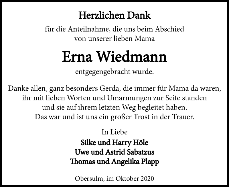  Traueranzeige für Erna Wiedmann vom 23.10.2020 aus GESAMT