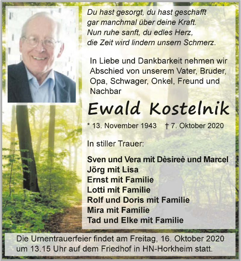  Traueranzeige für Ewald Kostelnik vom 10.10.2020 aus GESAMT