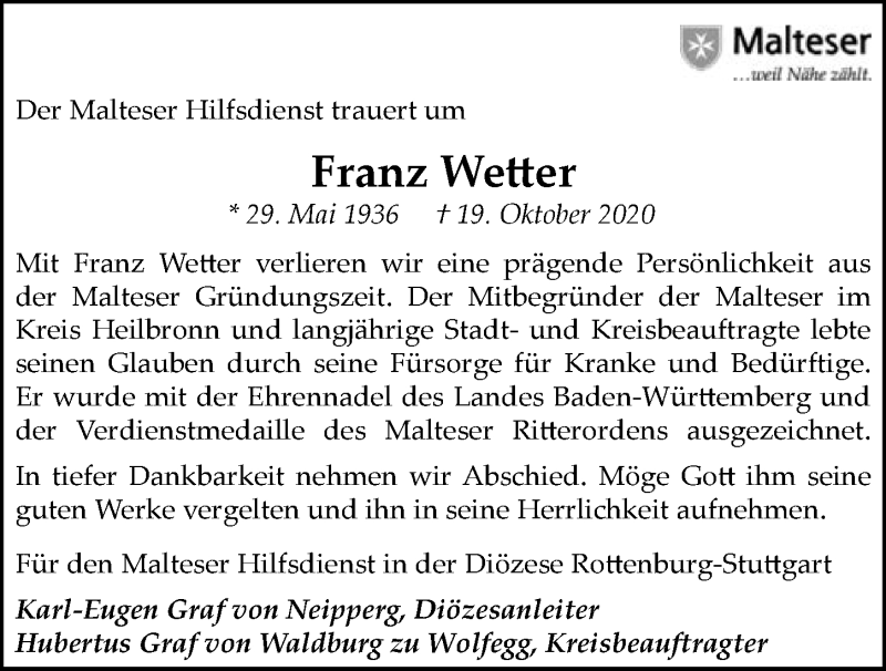  Traueranzeige für Franz Wetter vom 24.10.2020 aus GESAMT