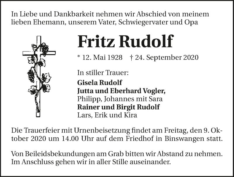  Traueranzeige für Fritz Rudolf vom 06.10.2020 aus GESAMT