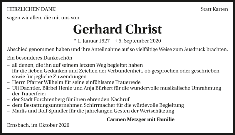  Traueranzeige für Gerhard Christ vom 10.10.2020 aus GESAMT
