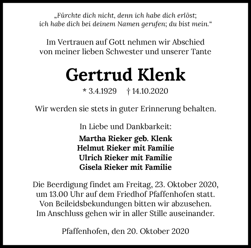  Traueranzeige für Gertrud Klenk vom 20.10.2020 aus GESAMT