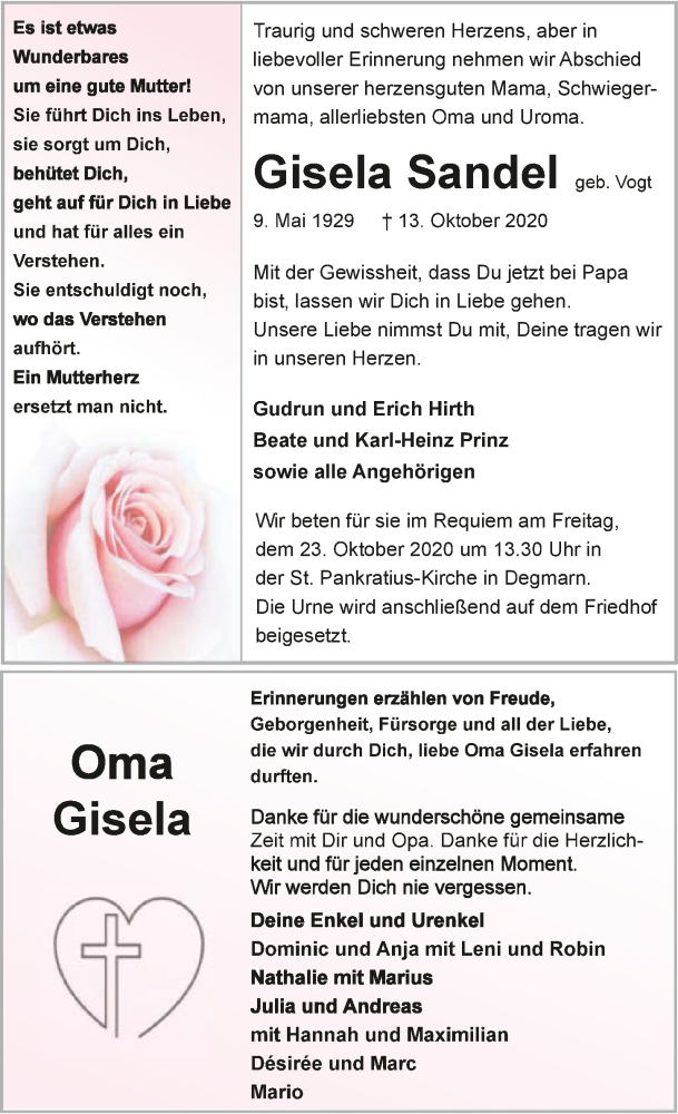  Traueranzeige für Gisela Sandel vom 17.10.2020 aus GESAMT