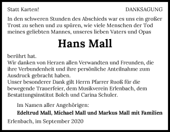 Traueranzeige von Hans Mall von GESAMT