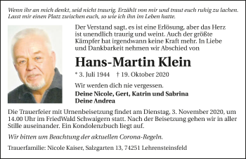 Traueranzeige von Hans-Martin Klein von GESAMT