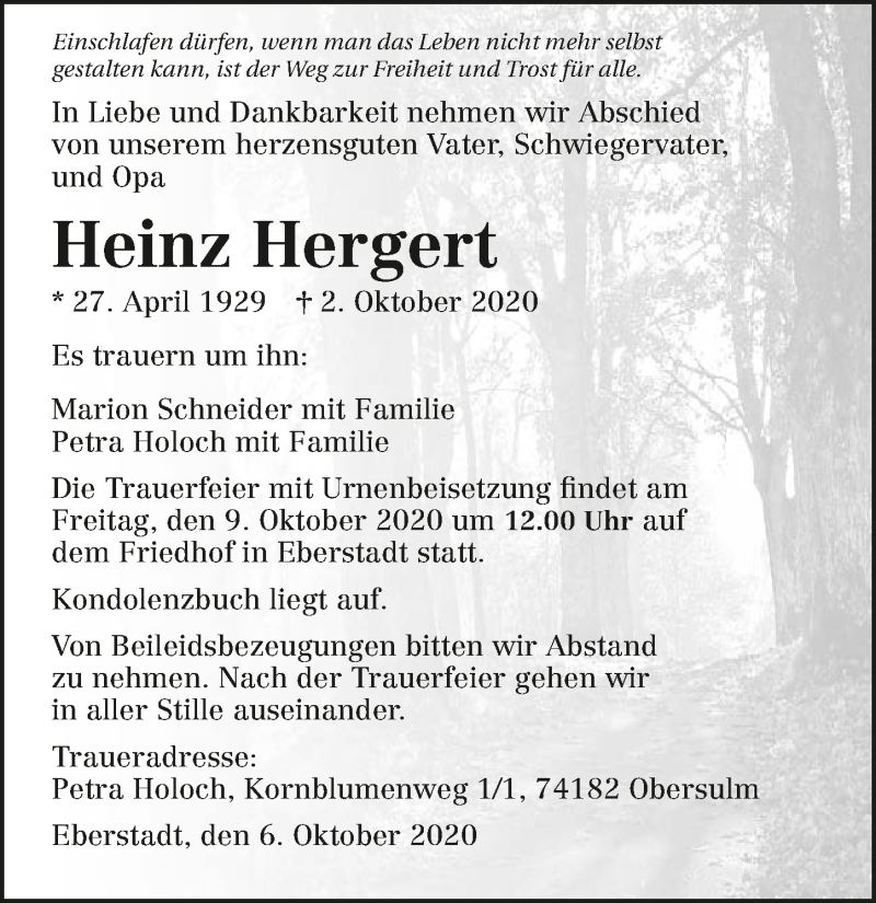  Traueranzeige für Heinz Hergert vom 06.10.2020 aus GESAMT