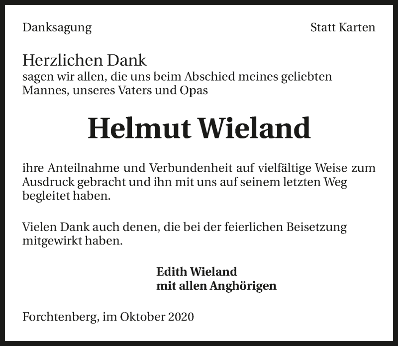  Traueranzeige für Helmut Wieland vom 31.10.2020 aus GESAMT