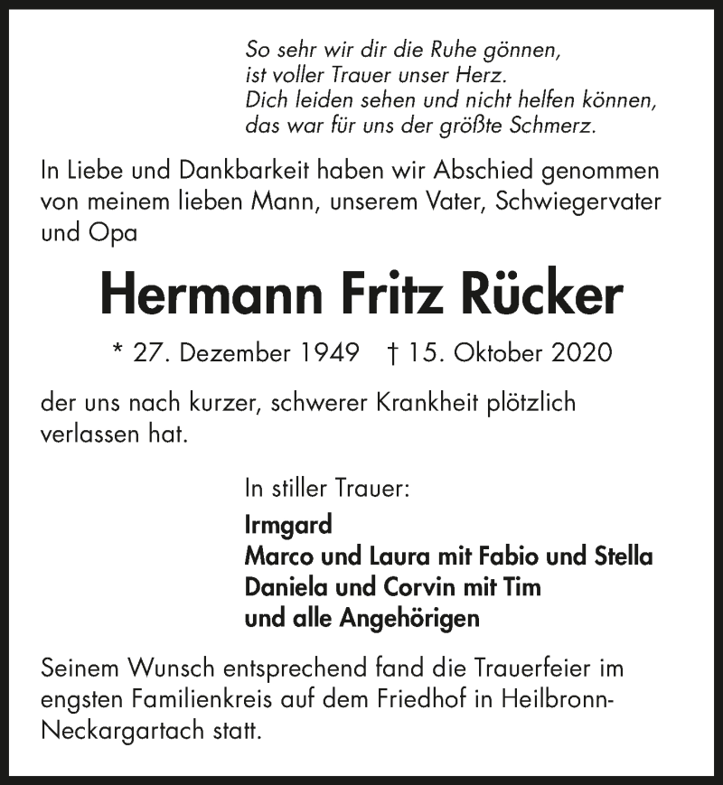  Traueranzeige für Hermann Fritz Rücker vom 24.10.2020 aus GESAMT