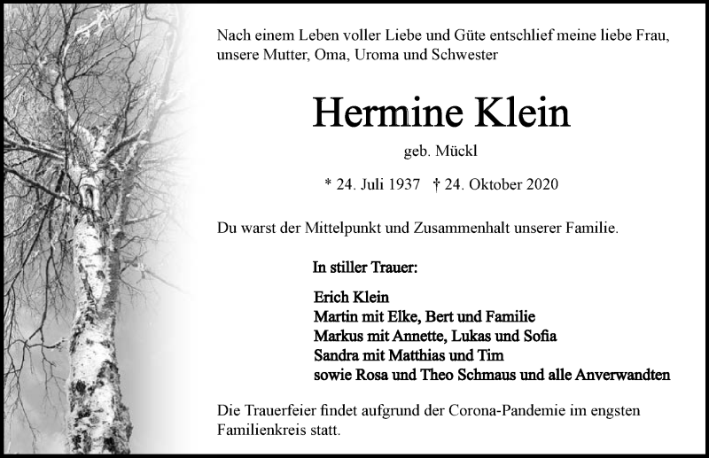  Traueranzeige für Hermine Klein vom 31.10.2020 aus GESAMT