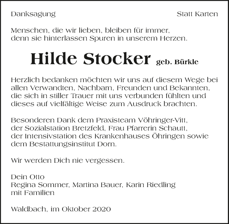 Traueranzeige für Hilde Stocker vom 10.10.2020 aus GESAMT