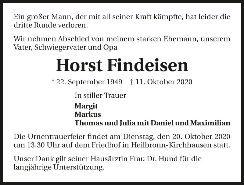  Traueranzeige für Horst Findeisen vom 14.10.2020 aus GESAMT