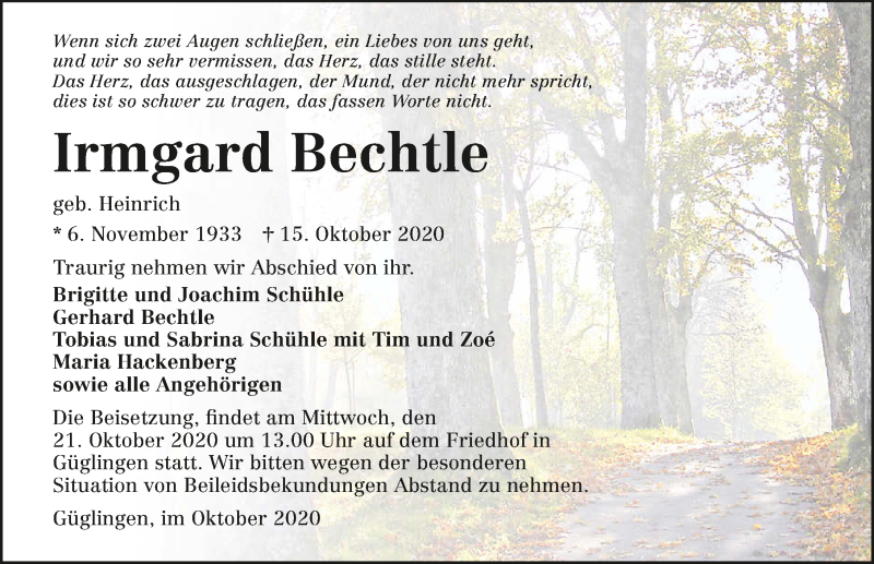  Traueranzeige für Irmgard Bechtle vom 20.10.2020 aus GESAMT