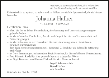 Traueranzeige von Johanna Hafner von GESAMT