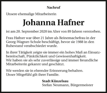 Traueranzeige von Johanna Hafner von GESAMT