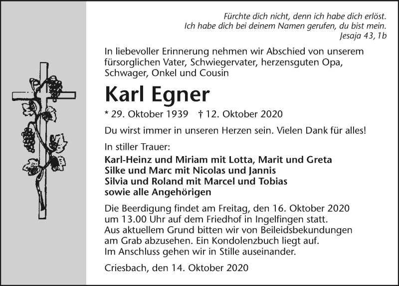  Traueranzeige für Karl Egner vom 14.10.2020 aus GESAMT