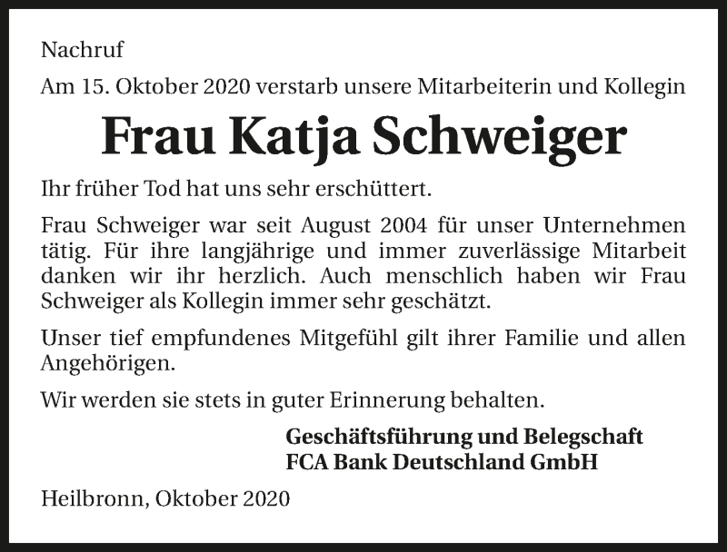  Traueranzeige für Katja Schweiger vom 20.10.2020 aus GESAMT