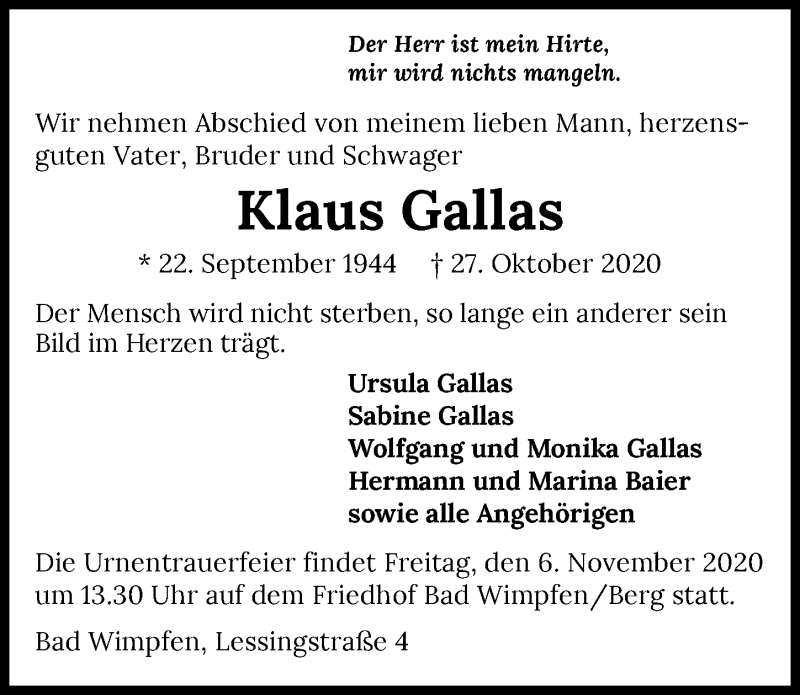  Traueranzeige für Klaus Gallas vom 31.10.2020 aus GESAMT