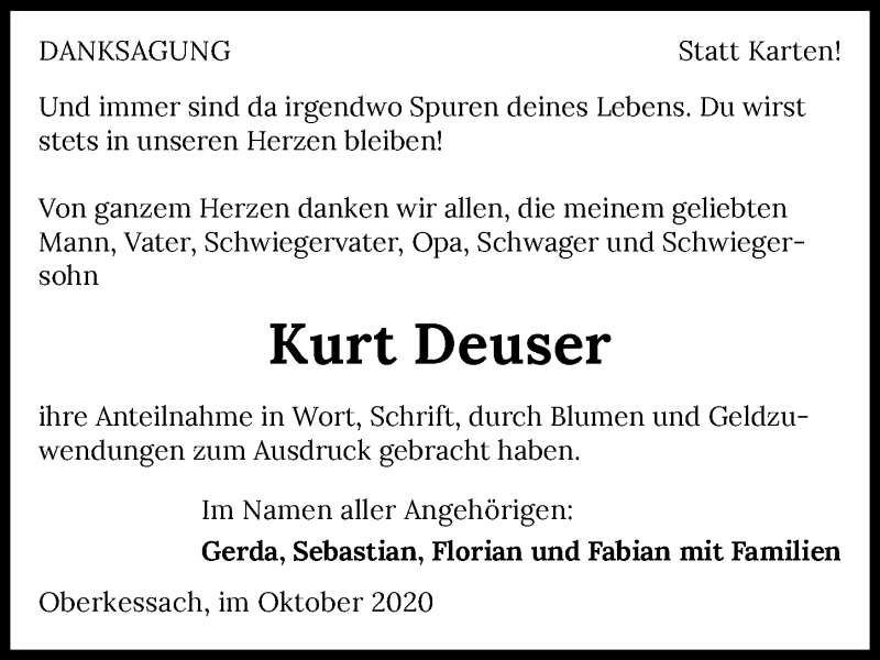  Traueranzeige für Kurt Deuser vom 27.10.2020 aus GESAMT