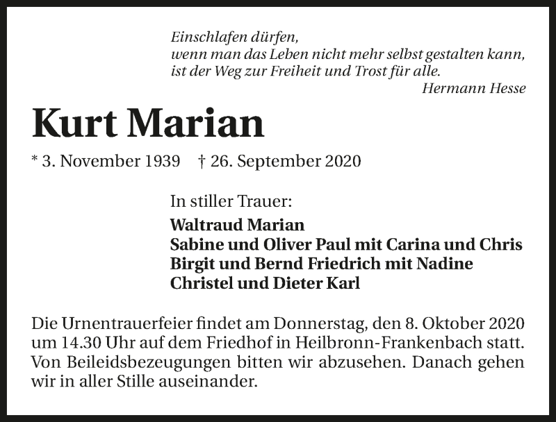  Traueranzeige für Kurt Marian vom 02.10.2020 aus GESAMT