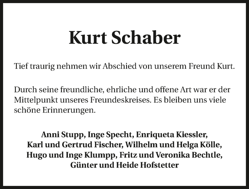  Traueranzeige für Kurt Schaber vom 02.10.2020 aus GESAMT