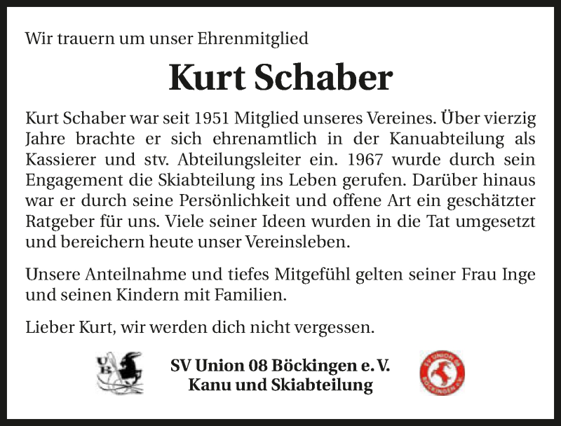  Traueranzeige für Kurt Schaber vom 02.10.2020 aus GESAMT
