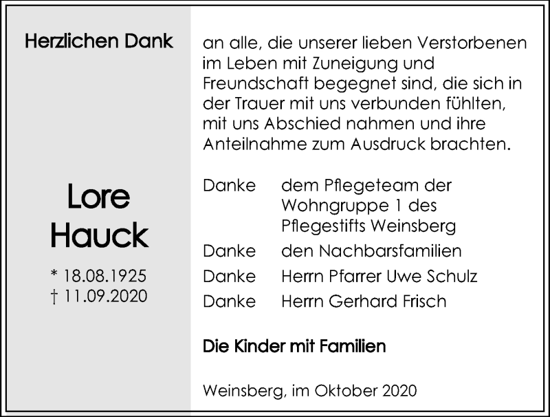  Traueranzeige für Lore Hauck vom 02.10.2020 aus GESAMT