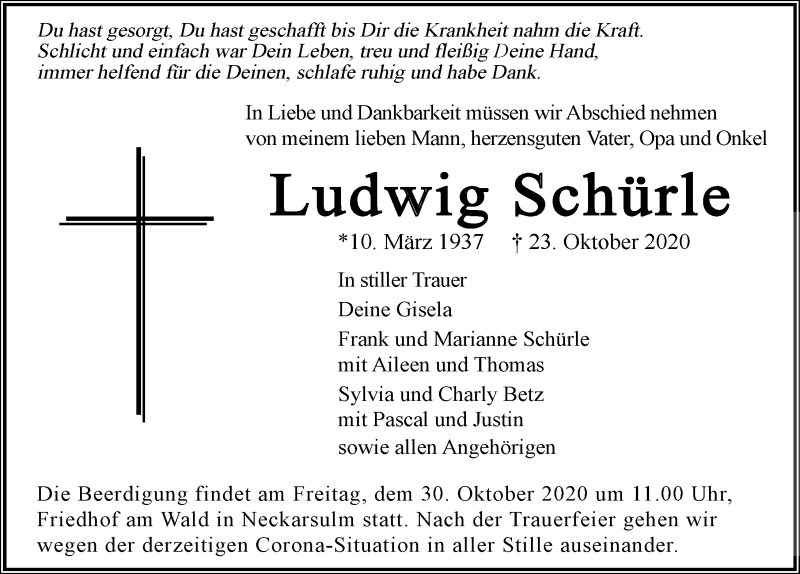  Traueranzeige für Ludwig Schürle vom 28.10.2020 aus GESAMT