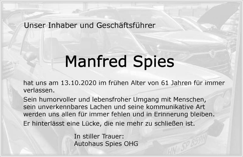  Traueranzeige für Manfred Spies vom 17.10.2020 aus GESAMT