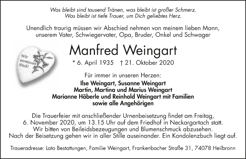  Traueranzeige für Manfred Weingart vom 31.10.2020 aus GESAMT