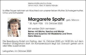Traueranzeige von Margarete Spahr von GESAMT