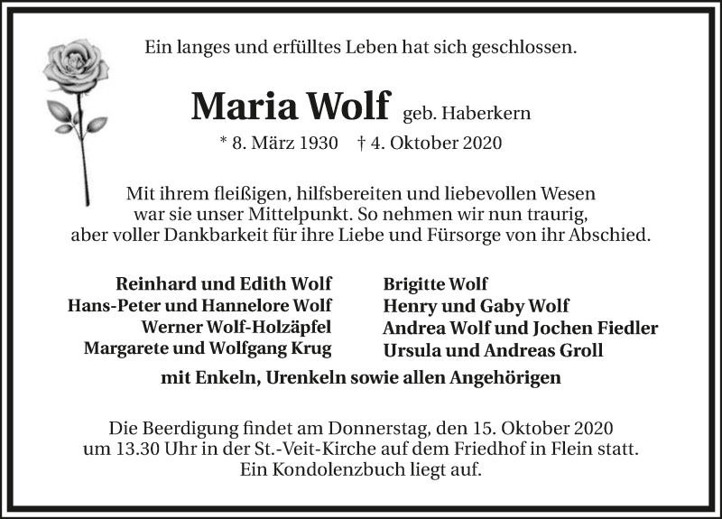 Traueranzeige für Maria Wolf vom 10.10.2020 aus GESAMT