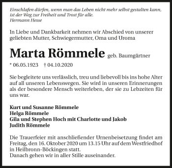 Traueranzeige von Marta Römmele von GESAMT