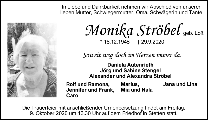  Traueranzeige für Monika Ströbel vom 02.10.2020 aus GESAMT