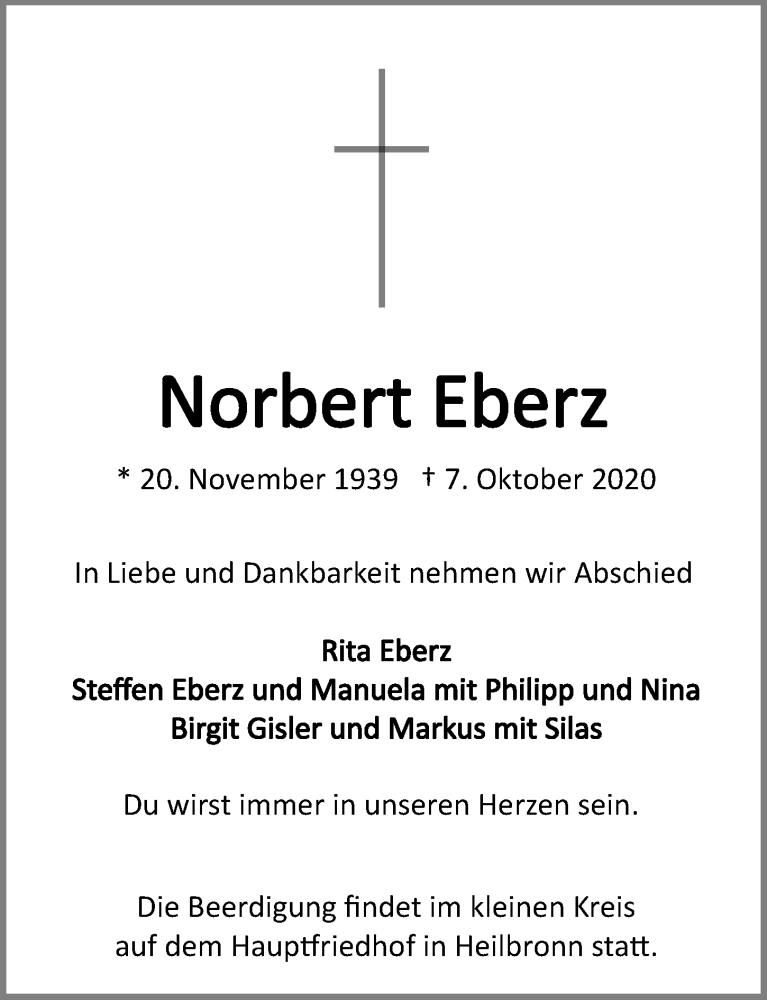  Traueranzeige für Norbert Eberz vom 10.10.2020 aus GESAMT