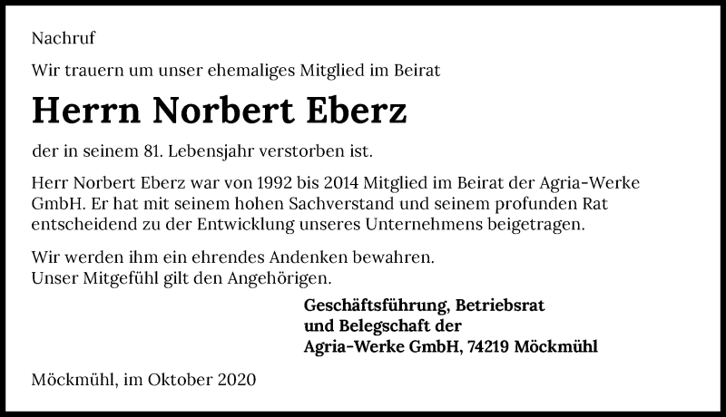  Traueranzeige für Norbert Eberz vom 15.10.2020 aus GESAMT