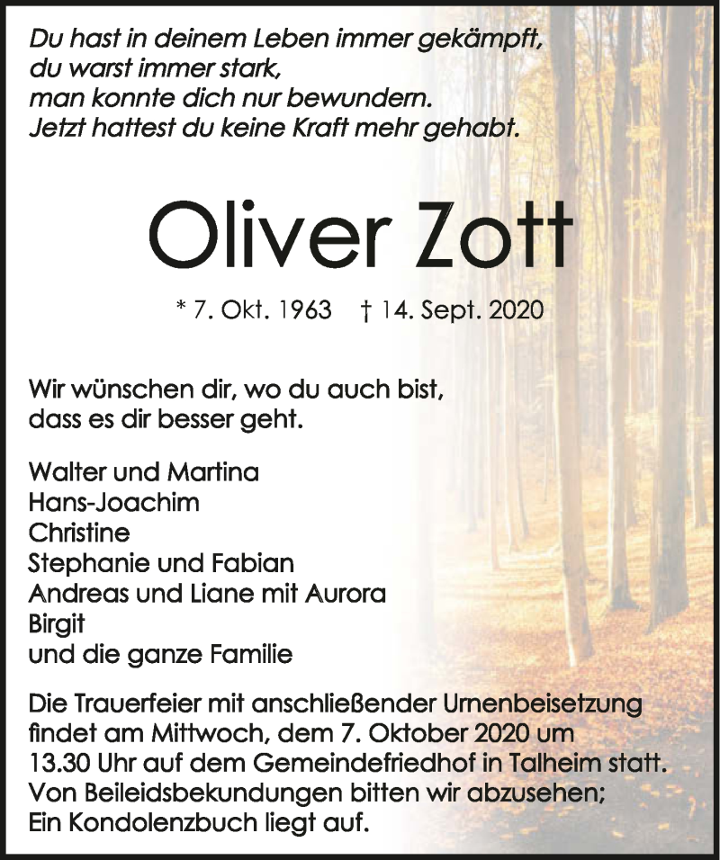  Traueranzeige für Oliver Zott vom 02.10.2020 aus GESAMT