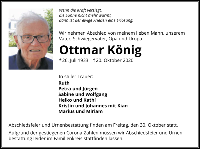  Traueranzeige für Ottmar König vom 24.10.2020 aus GESAMT